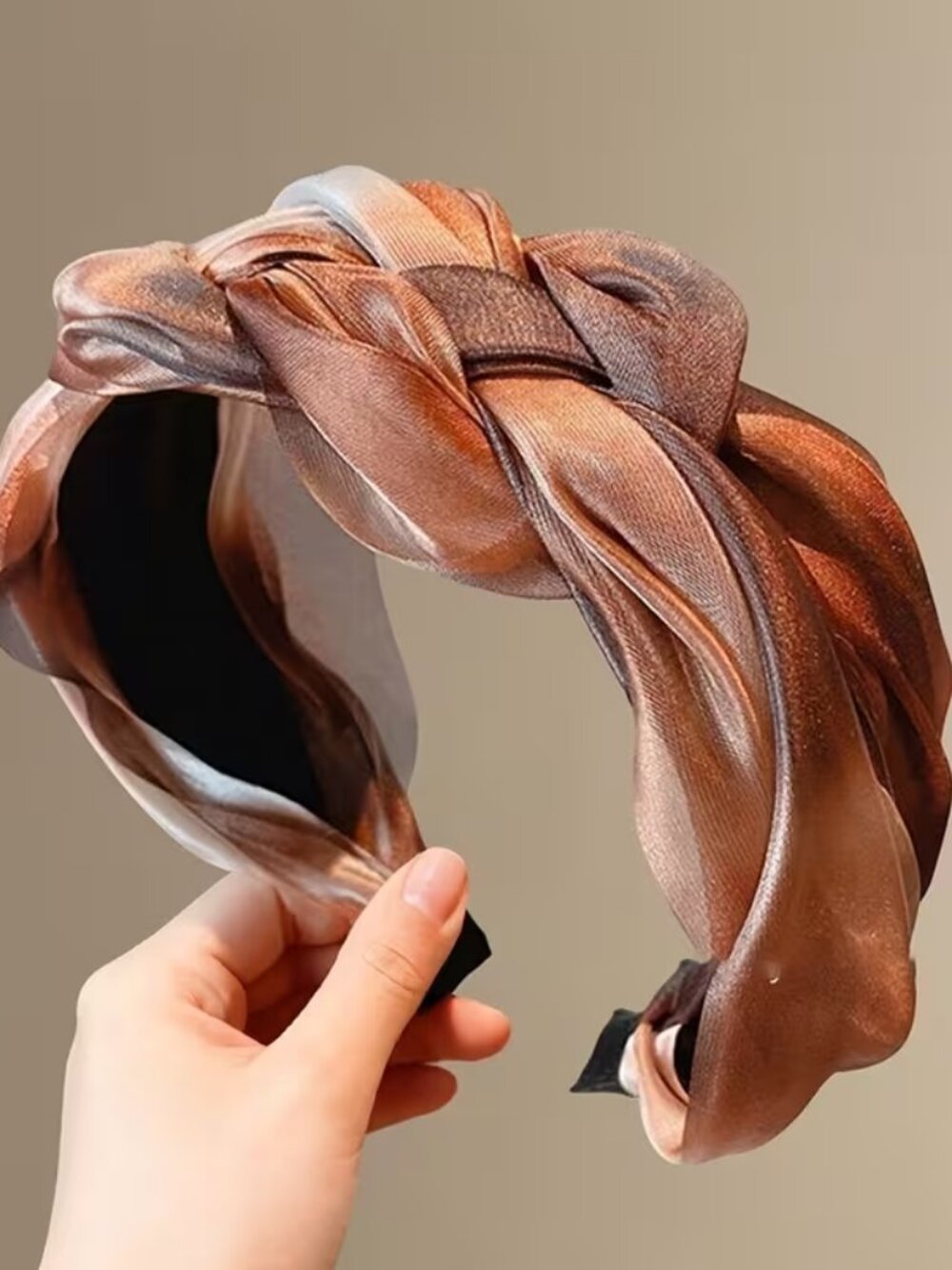 HEADBAND IN SHADES OF BROWN & BEIGE SATINY FABRIC